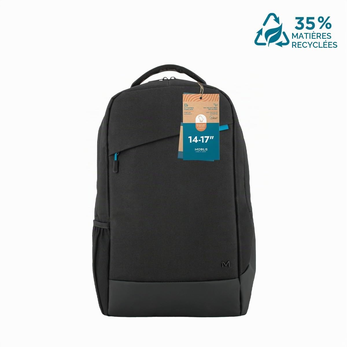 MOBILIS Sac à Dos pour Ordinateur Portable 14-17" PC 15.6", Fabriqué de Matériaux Recyclés Certifiés GRS, Matière Étanche, Fond Renforcé, Bretelles Ergonomiques, Grande Capacité de Chargement, Noir