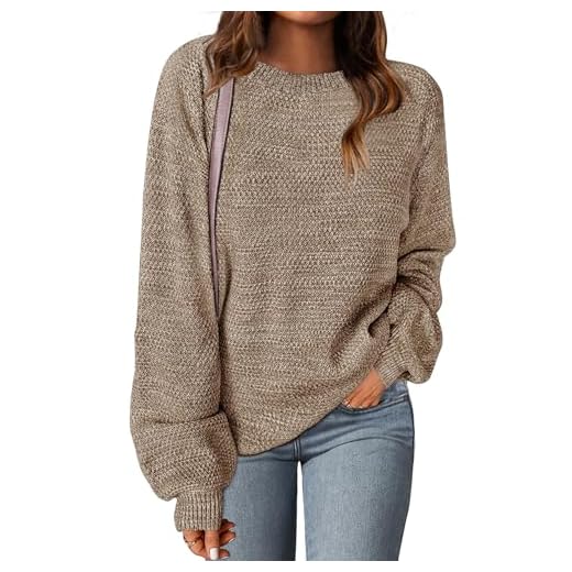 MEROKEETY Women's 2025 Fall Winter Oversized Pullover Sweater Trendy Crew Neck Long Sleeve Heathered Knit Jumper Tops Mocha Small