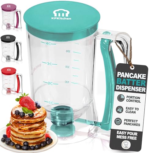 Pancake Batter Dispenser - Kitchen Must Have Tool for Perfect Pancakes, Cupcake, Waffle, Muffin Mix, Cake & Crepe - Easy Pour Baking Supply for Griddle - Pancake Maker with Measuring Label (Turquoise)