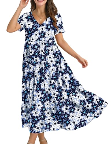 Image of YESNO Women's Summer Maxi Dresses Casual Floral Short Sleeve V Neck Boho Beach Vacation Swing Dress with Pockets EVF