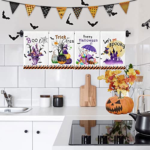 Lebsitey Halloween Kitchen Towels Sets Of 4, Trick Or Treat Pumkin Dish Towels Castle Spooky Witch Cat Absorbent Drying Tea Towel For Cooking Baking (Halloween Towels) #TOP3