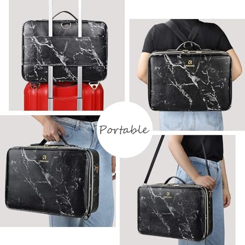 Image of Adson Large Makeup Bag 3 Layers Professional Train Cosmetic Bag Makeup Organizer Case Artist Storage Brush Box with Adjustable Dividers and Strap for Makeup Accessories (Marble Jet Black)
