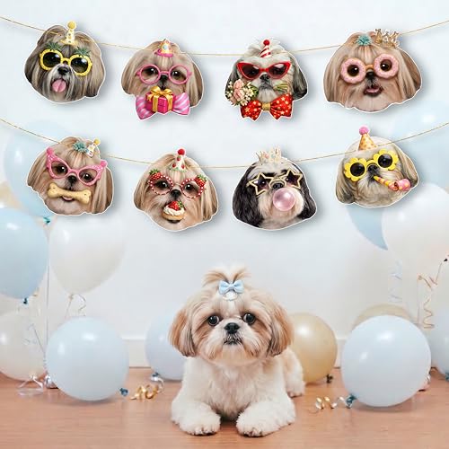 Image of Shih Tzu Birthday Banner, Dog Party Decorations Garland Shih Tzu Gifts | 8 Unique Shih Tzu Faces, Pre-Strung , Easy to Hang