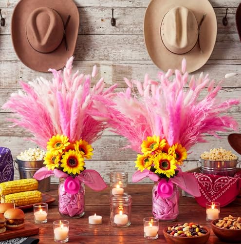 Image of Wonderjune 135 Pcs Western Cowboy Table Centerpieces Cowgirl Rodeo Party Decor with Mason Jar Bandannas Mini Hat Sunflowers Pampas for Cowboy Cowgirl Baby Shower Birthday Wedding Party Decor(Pink)
