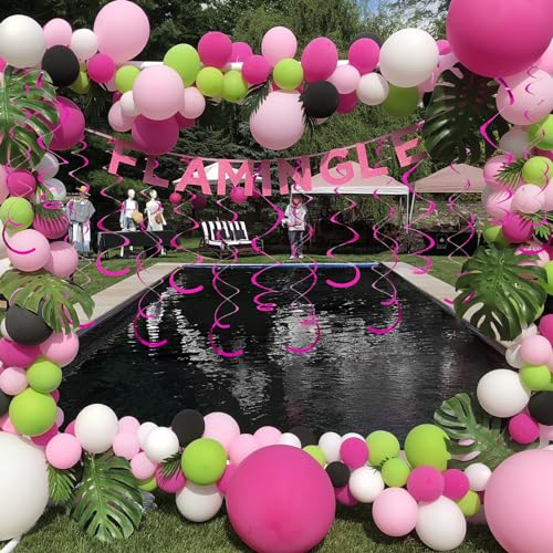 Image of 24 PCS Hot Pink Hanging Swirl,Fuschia Sparkle Ceiling Hanging Decorations, Plastic Streamer Party Decorations with Double-Swirls and Single-Swirls for Birthday Decorations,Hawaii,Summer