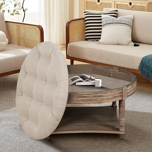 Noble House Home Furnishings Huza Round Ottoman Coffee Table, 2 Tier Button Tufted Ottoman with Wooden Shelf Storage, Farmhouse Linen Fabric Upholstered Footstool for Living Room, Gray+Khaki by Noble House Home Furnishings - Image 2