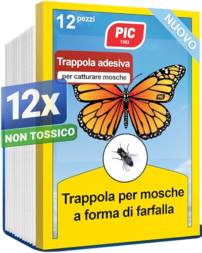 PIC Trappola per Mosche da Finestra - 12x Adesivi Acchiappa Mosche, Efficaci Adesivi per Trappole per Mosche con Design a Farfalla