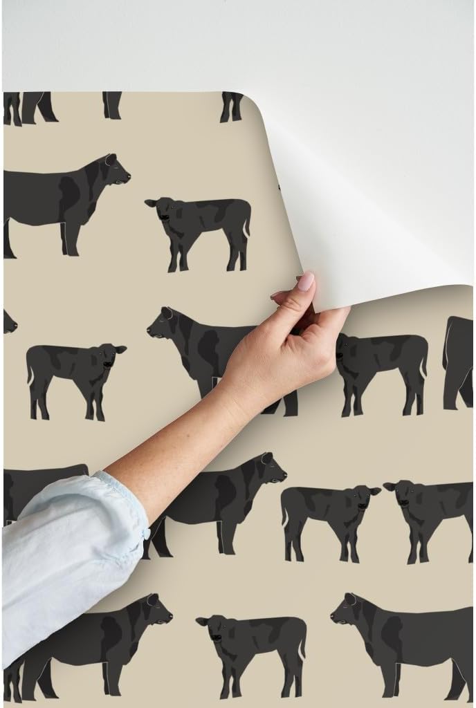Peel & Stick Wallpaper 3ft x 2ft - Black Cattle Cow Calf Cows Farm Rustic Animals Farmhouse Decor Pet Portrait Custom Removable Wallpaper by Spoonflower