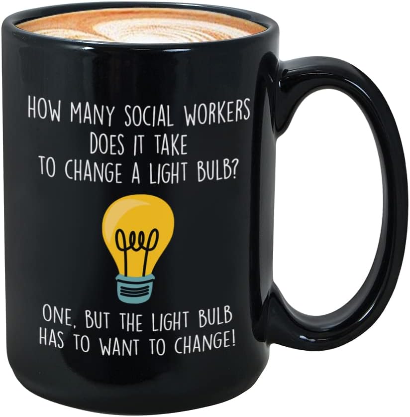 Occupation Coffee Mug 15 oz, Social Workers Jokes Humor Funny Workplace Working Profession Community Job Office Coworker, Black