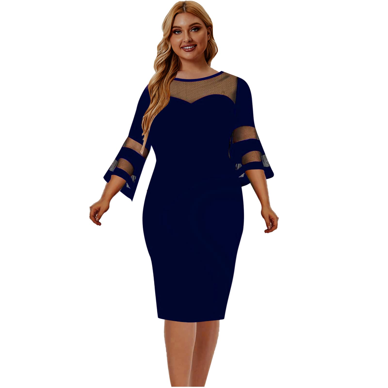 NUSGEAR 2022 Vestidos Corto para Mujer, Talla Grande Vestido Primavera Casual Manga Larga Malla Patchwork Cuello Redondo Elegante Negocio Slim Fit Vestidos Fiesta Moda Vestido de Noche cómodo Vestido