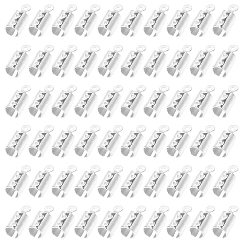 200pcs Fold Over Cord Ends Crimp End Tips Stainless Steel Cord Crimp End Tips Leather Ribbon Ending Clasp Tips Jewelry Connector for Bracelets Leather Jewelry Making(Silver)