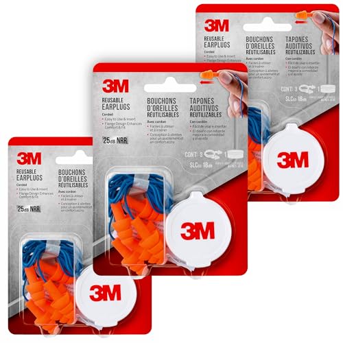Image of 3M Corded Reusable Earplugs, 3 Pack, Noise Reduction Rating (NRR) 25 dB, Easy to Use & Insert, Pliable & Tri-Flange Design Enhances Comfort & Fit, Orange Ear Plugs (90716H3-DC), 3 Pair (Pack of 3)