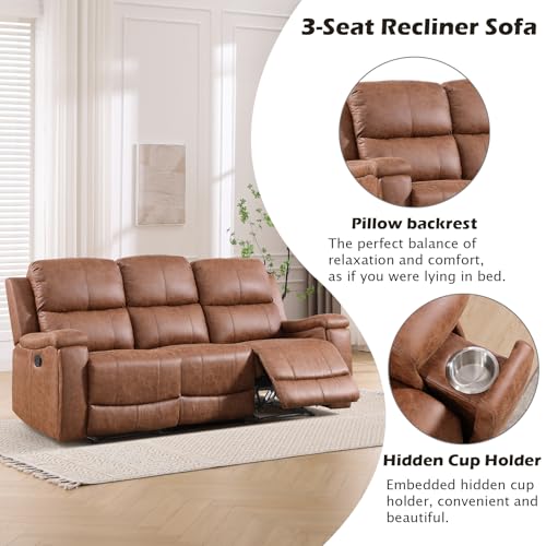 Image of CANMOV Faux Leather Manual Reclining Sofa,3 Seat Recliner Couch Sofa with Overstuffed Arms and Back,Manual Recliner Sofa Set with Concealed Cup Holders for Living Room,Brown