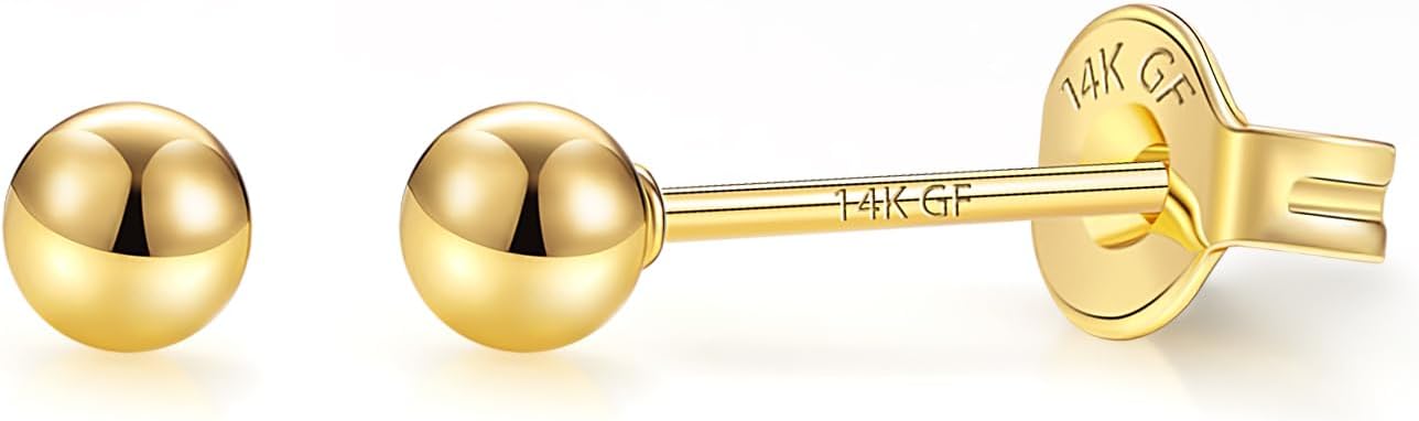 14K Gold Filled 4 Pairs Ball Stud Earrings for Women Hoop Earring Sets Earrings Lightweight Water Proof Tarnish Resistant