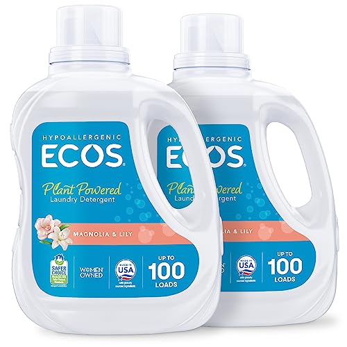 ECOS Laundry Detergent Liquid, 200 Loads – Dermatologist Tested Laundry Soap – Hypoallergenic, EPA Safer Choice Certified, Plant-Powered – Magnolia Lily, 100 Fl Oz (Pack of 2)
