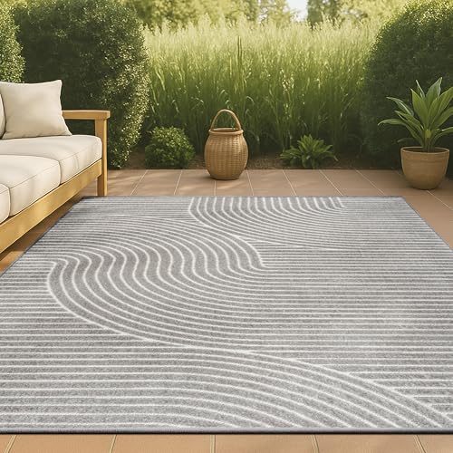 JONATHAN Y Hallie High-Low Curve Gray/Ivory Indoor/Outdoor Area Rug, 10x14, Minimalist, Pet Friendly, Non-Shedding, Stain Resistant, Hose-Washable for Backyard, Patio, Porch (SCN100A-14) - Image 4