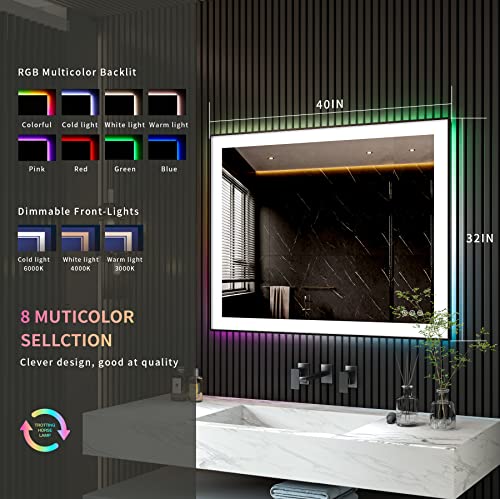 Amorho Led Bathroom Mirror 40X32 Inch, Front Light And Rgb Backlit, Color Changing Lighted Vanity Mirror For Wall, Black Framed, Dimmable, Anti-Fog, Memory, Shatterproof (Horizontal/Vertical) #TOP1