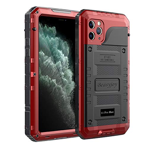 Beasyjoy Iphone 11 Pro Max Case Waterproof Metal Case Heavy Duty Built-In Screen Full Body Protective Shockproof Military Grade Red #TOP6