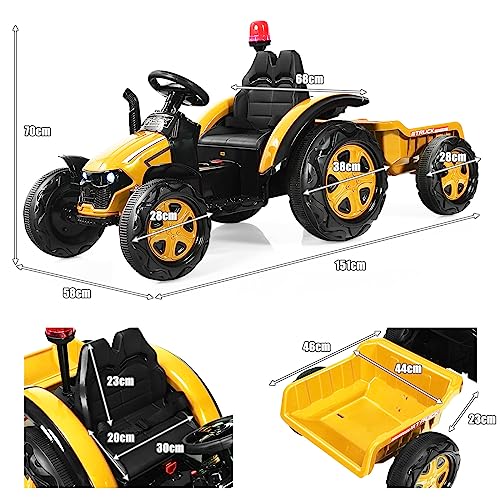 COSTWAY 12V Elektro Traktor für Kinder mit abnehmbarem Anhanger und 2,4G Fernbedienung, Aufsitztraktor 3-8 km/h mit Warnleuchte, Hupe, Musik, Getränkehalter, geeignet fur Kinder ab 3 Jahren (Gelb) – Bild 7