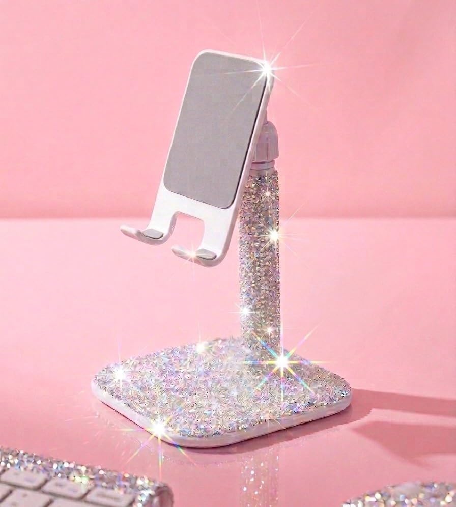 TISHAA Bling Dazzling Rhinestone Universal Phone Holder Stand for Desk, Office, Home (White New)