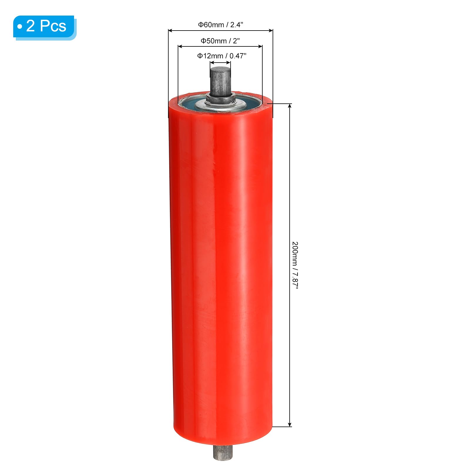 PATIKIL Transportador Poliuretano Recubierto Rodillo 4" Diámetro 8" Longitud, 2 Paquete Inoxidable Acero Transmisión Reemplazo Pieza Galvanizado Extremo, Rojo