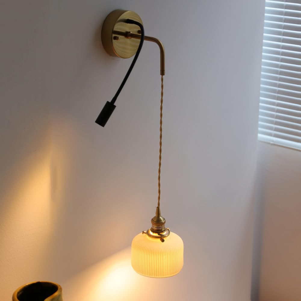 Applique da parete in ceramica retrò Lampada da lettura flessibile per montaggio a parete a LED Lampada da lettura a collo di cigno regolabile con paralume in ceramica a strisce bianche, Lampa