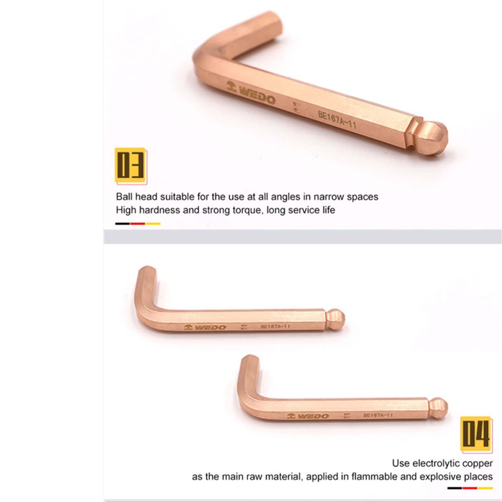 WEDO Nieparkingowy klucz imbusowy z kulką, klucz bezpieczeństwa bez iskier, miedź berylowa, standard DIN, certyfikat BAM i FM, 0,39", szerokość 10 mm