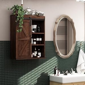 RUSTOWN Farmhouse Wood Wall Storage Bathroom Cabinet with Sliding Barn Door Rustic Medicine Cabinet with Adjustable Shelf