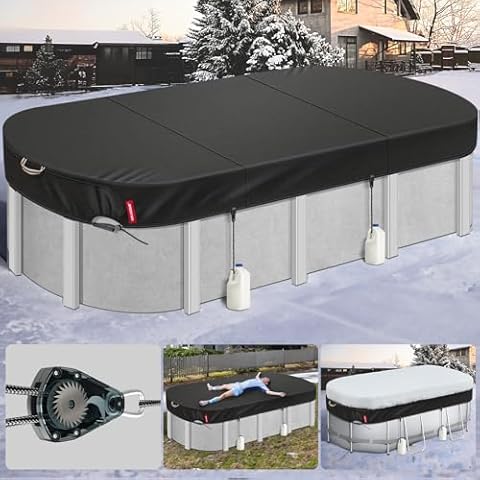 QH.HOME [2025 Upgrade Super Windproof] 10x16FT Oval Pool Cover for Above Ground Pools,[Durable and Tear-Resistant] Oval Winter Pool Cover with Enhanced Ratchets and Tarp Clips Cover