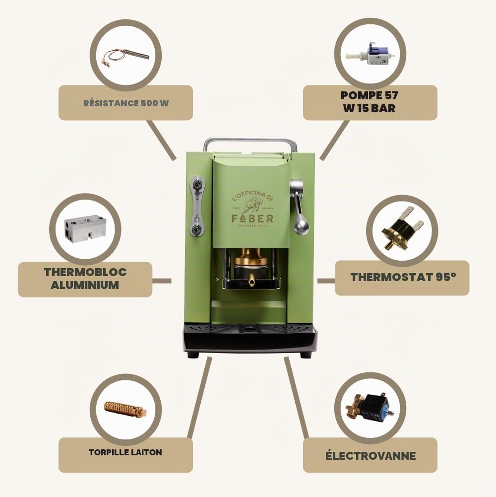FABER COFFEE MACHINES | Modèle Pro Deluxe | Machine à café à dosettes ese 44mm | Finition Chrome | Pressacialda en laiton (Acid Green)
