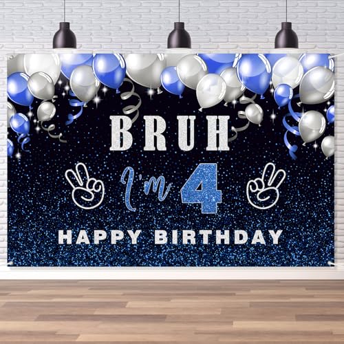 Bruh Happy 4th Birthday Backdrop, Bruh It's My Birthday Party Decoration for Boy Kid Preteen and Teen Funny Party Supplies- Blue and Black 6×4ft