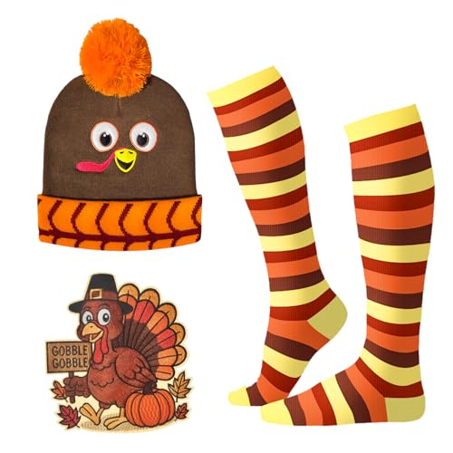 3Pcs Turkey Trot Costume Set for Kids and Women - Thanksgiving Turkey Beanie Hat, Socks & Embroidered Iron-On Patch, Running Gear Accessories for Adults and Kids