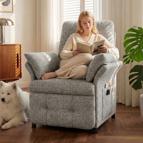 Image of Power Recliner Chair for Adults with Heat & Massage - Linen Electric Reclining Sofa with Remote Control, 3 Side Pockets, 180 Lay Flat Sleeper for Living Room Home Theater, Light Grey