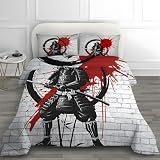 4 Jahreszeiten Bettdecke 155x220 Japanischer Stil 3tlg, Schwerter und Retro Graffiti Steppdecke & 2 Kissenbezüge 80x80 - Schlafzimmer Deko, Weiche Mikrofaser Ganzjahresdecke Ohne Bezug sm1005