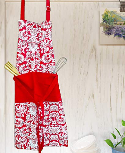 The Season Thread Apron - Red, 100% Cotton Apron With An Adjustable Neck Strap & Long Ties With Pockets, Size 28X32 Inch. Apron For Women Men Chef, Cooking, Baking, Bbq. #TOP2