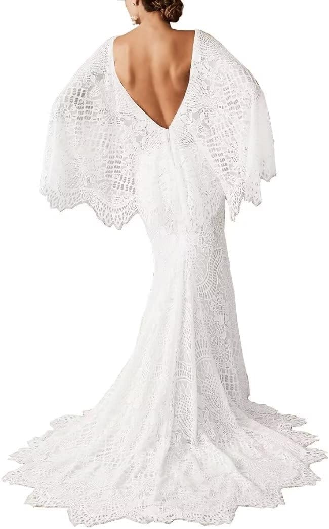 Boho Wedding Dresses for Bride Lace Mermaid Bridal Dress V Neck Cape Sleeve Beach Bohemian Vintage Wedding Gown