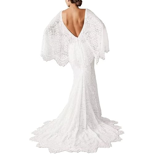 Boho Wedding Dresses for Bride Lace Mermaid Bridal Dress V Neck Cape Sleeve Beach Bohemian Vintage Wedding Gown