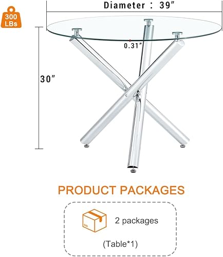 Miniatura 52 de Mesa redonda de comedor de vidrio para 2 a 4, moderna mesa superior de vidrio templado, patas cromadas resistentes, almohadillas ajustables, mesa de