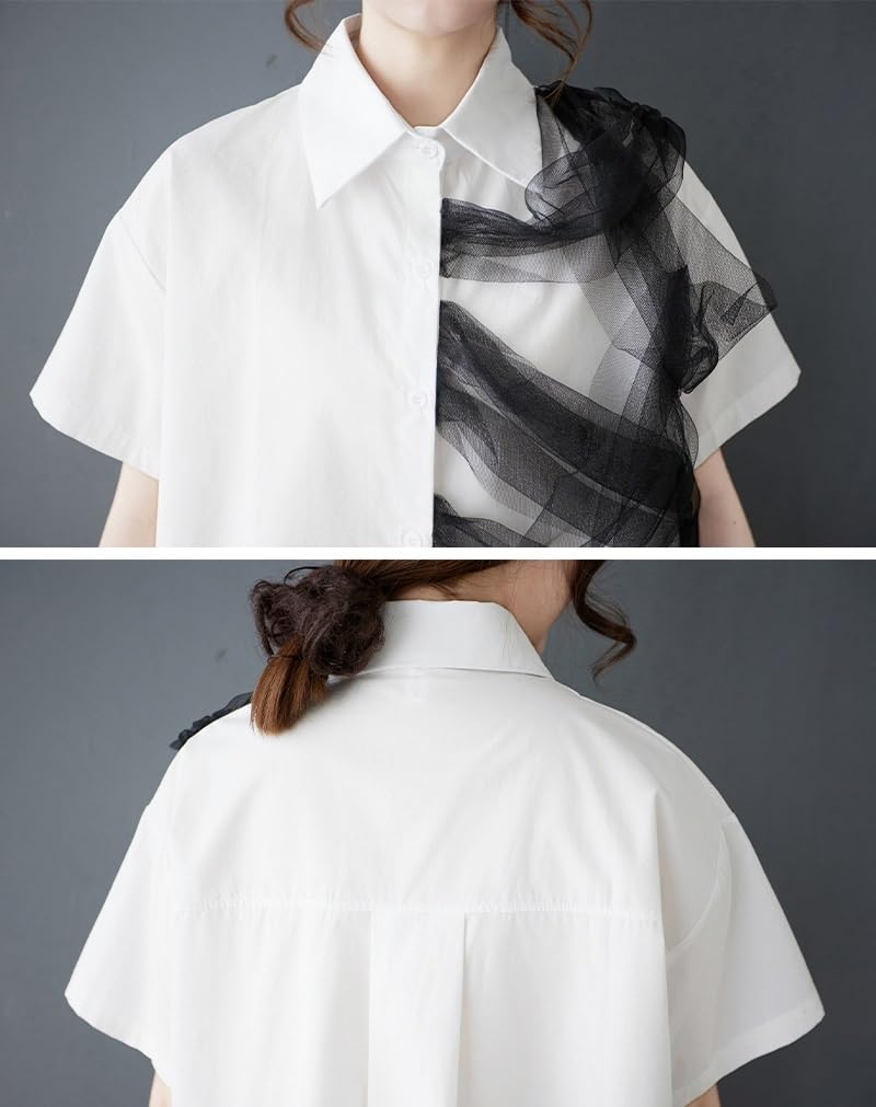 Camisa De Manga Corta Con Diseño De Tul A La Moda Para Mujer, Camisetas Informales Con Solapa Y Botones, Blusas Holgadas Y Cómodas De Verano