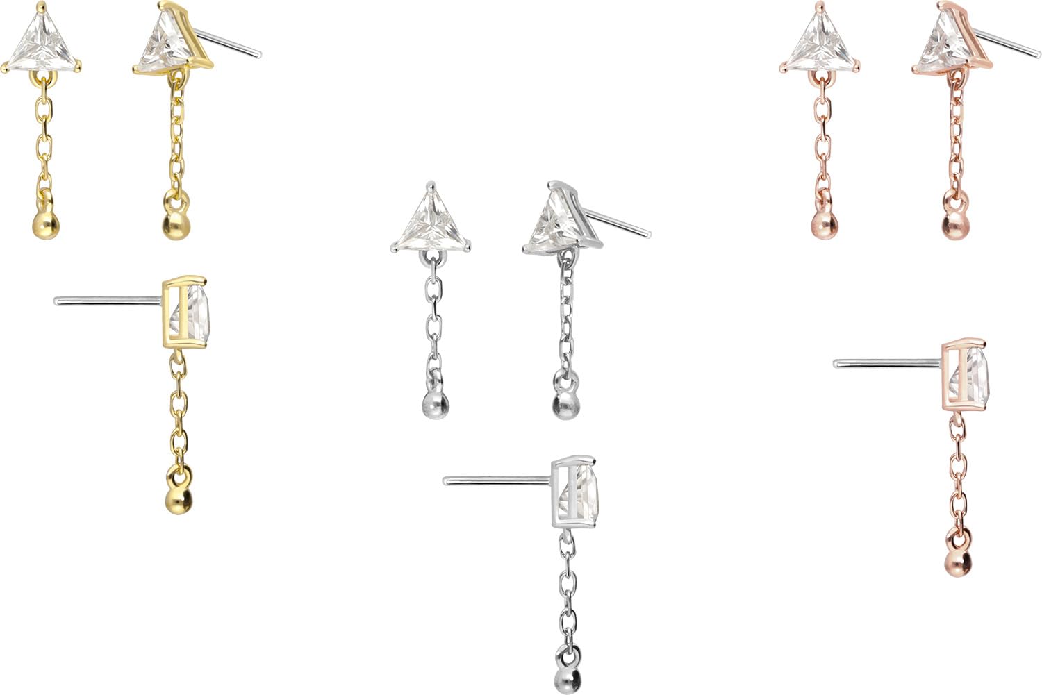 PIERCINGLINE 14 Gold Aufsatz mit Titan Push Pin MOISSANIT-DREIECK + KETTE 585er Gold - Roségoldfarben, Goldfarben, Silberfarben