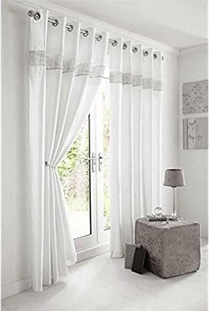 Kimberley Silver Faux Silk Fully Lined Ready Made 90 x 90 Inch Drop Pair Curtainswith Strips of Dazzling Diamante, Silver