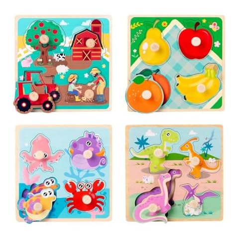 LeeQinersw Wooden Peg Puzzles for Toddlers - Baby Puzzles 3 Years and Up Learning Educational Animal Knob Puzzle Montessori Toys, Pack of 4 Cover