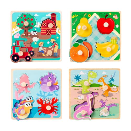 Image of LeeQinersw Wooden Peg Puzzles for Toddlers - Baby Puzzles 3 Years and Up Learning Educational Animal Knob Puzzle Montessori Toys, Pack of 4