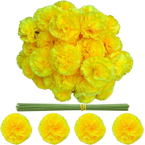 Marigold Flower Heads Bulk 50Pcs, Marigold Artificial Flowers for Diwali Home Decor DIY Wreath Garland Craft Wedding Party Day of The Dead Decoration Halloween Dia De Los Muertos Decor(Yellow)