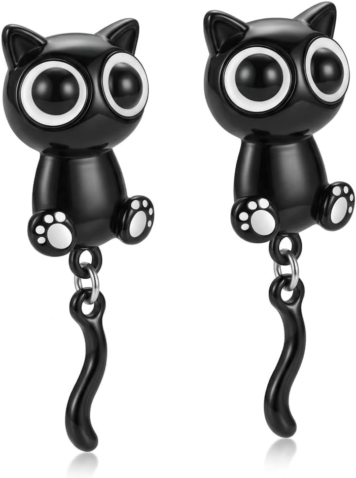 Black Enamel 3D Cat Ear Jacket Front Back Earrings for Women