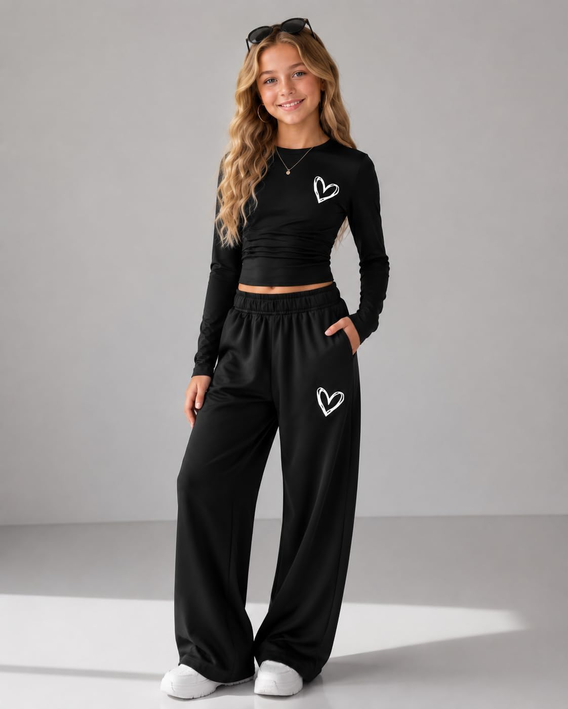 Azmxynol Tween Girls Clothes Long Sleeve Heart Print Top + Wide Leg Pants 2 Piece Outfit Set, Size 7-16 Years image 3