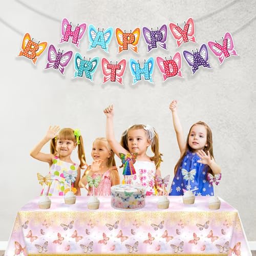 Image of Rozi Decoration Butterfly Theme Happy Birthday Banner with Cake Topper for Princess Birthday Party Decorations, Butterfly Theme Birthday Decorations for Girls Set of 7 Pcs