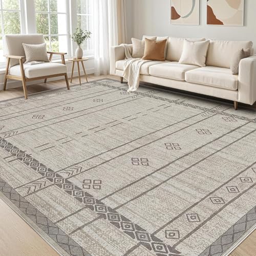 Tapis lavable anti-glisse gris géométrique pour salon moderne