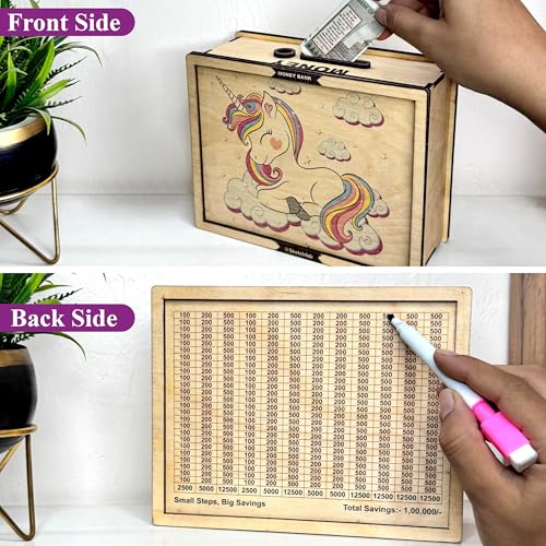 Image of Sketchfab Money Saving Box for Adult 100000, Wooden with Savings Tracker Bank Kids, Smart Piggy Bank, Box, Coin Box,Gullak Saver,Piggy Rs100000 Home Deal Gift Man, Women (Unicorn Cream)