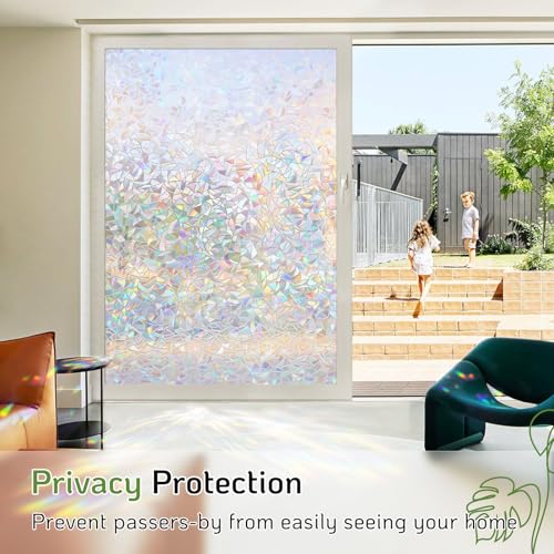 Image of LUTE Rainbow Window Privacy Film, Stained Glass Cling, 17.5 inch x 118.1 inch | 3D Decorative Non-Adhesive Vinyl, Static Cling Removable Glass Stickers, Sun UV Blocking Decal Covering for Home Office